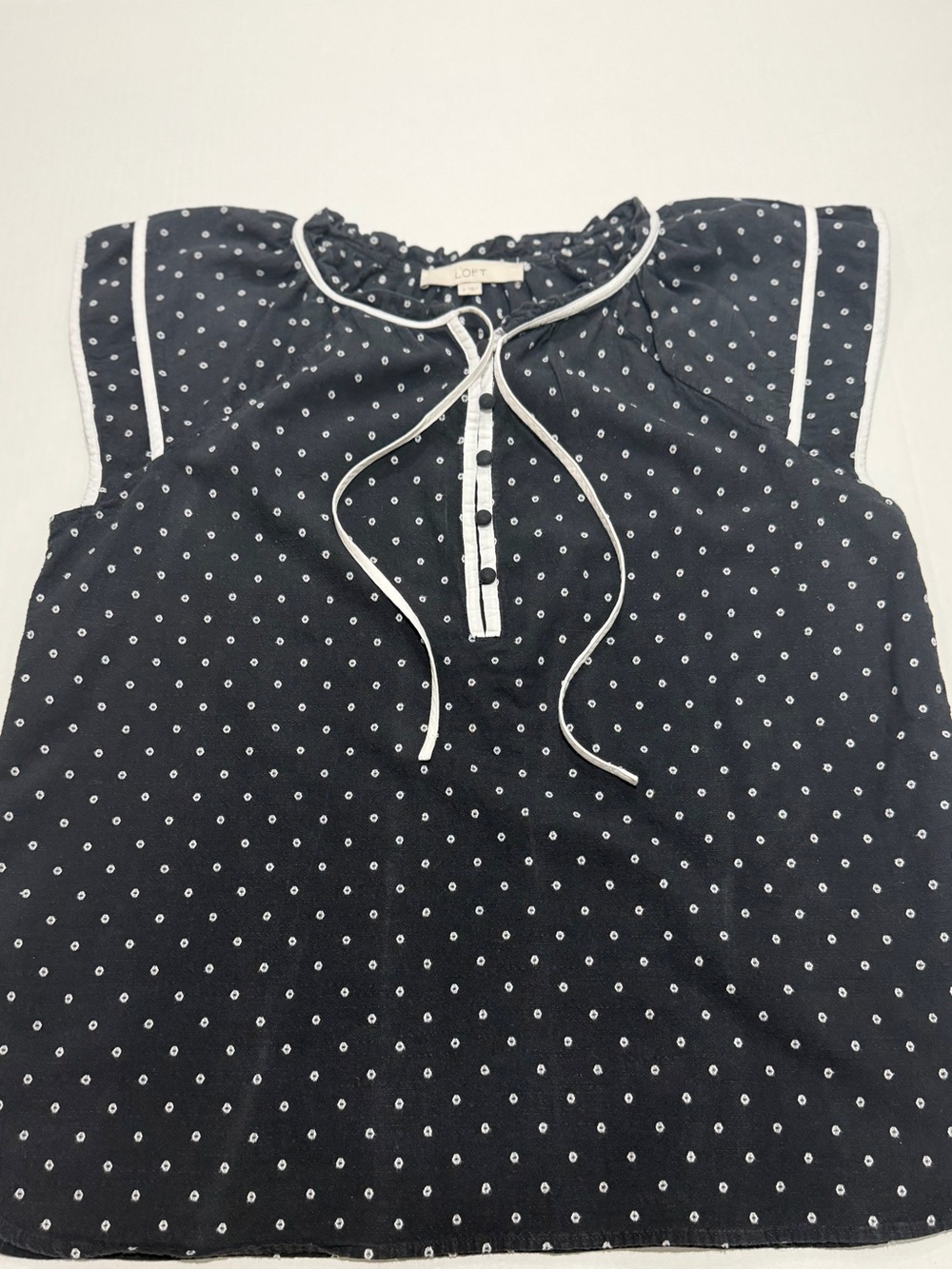 LOFT Navy and White Dot Tie-Neck Blouse